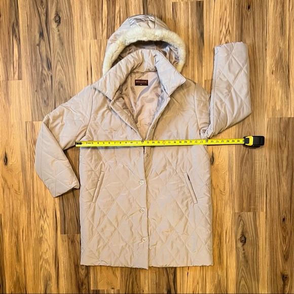 Bellina Tan Puffer Trench Coat with Detachable Fur-trimmed Hood - Size XL - Picture 11 of 11